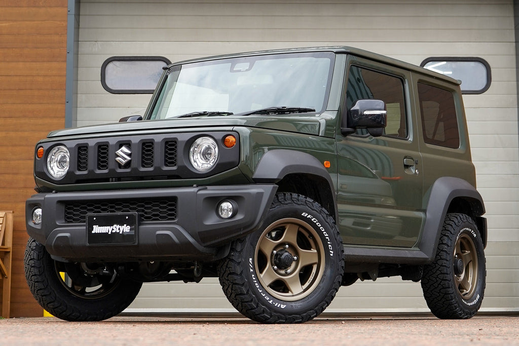 Suzuki Jimny (2018+) with 16" BRADLEY V wheels in Matte Bronze and BF Goodrich KO3 Tyres. All installed at our workshop in Holmes Chapel, Cheshire.
